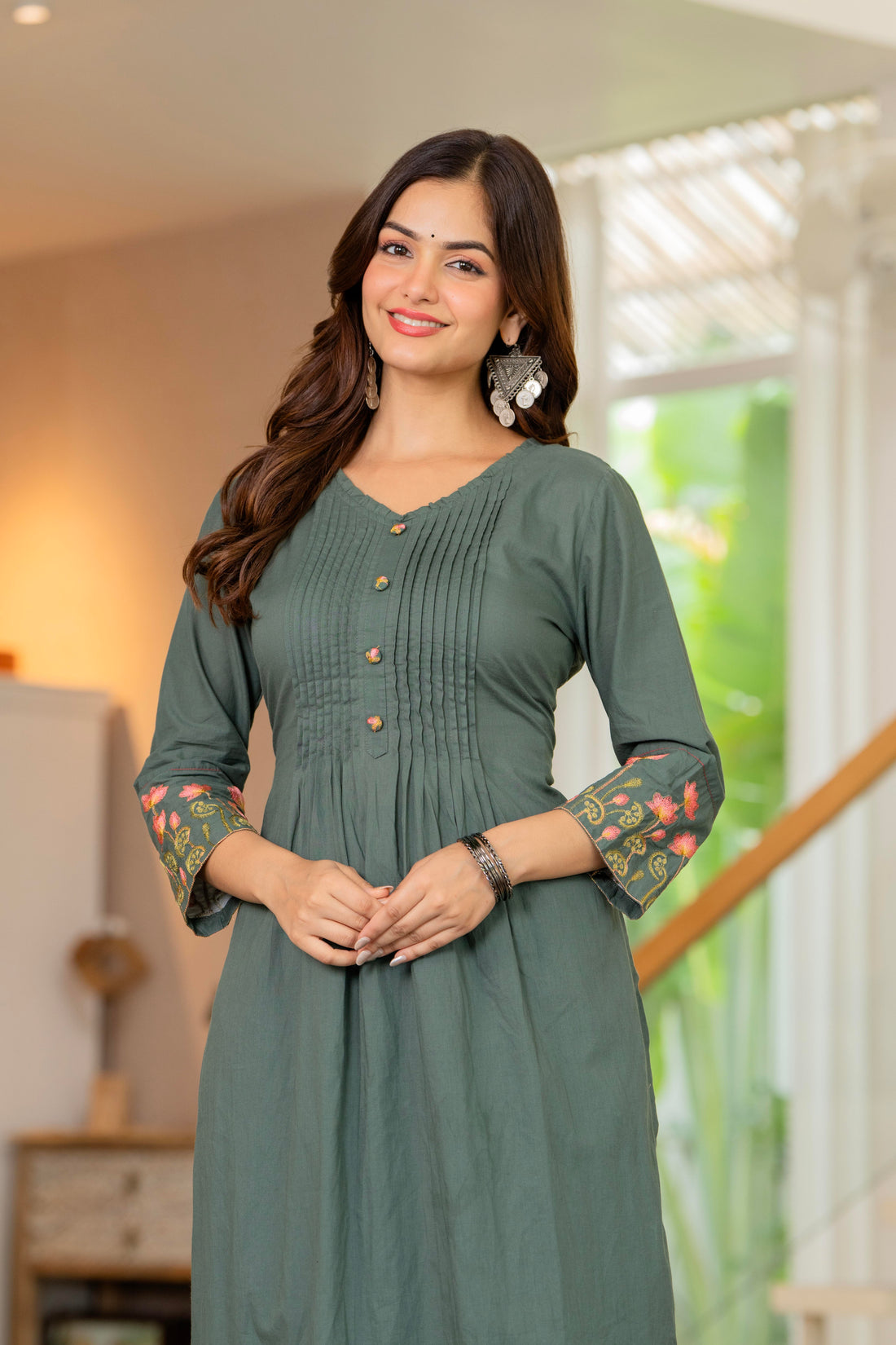 Green Embroidered Cotton Kurta and Pant Set