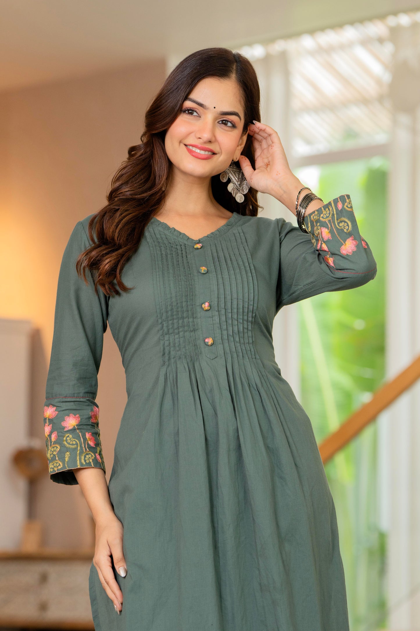 Green Embroidered Cotton Kurta and Pant Set