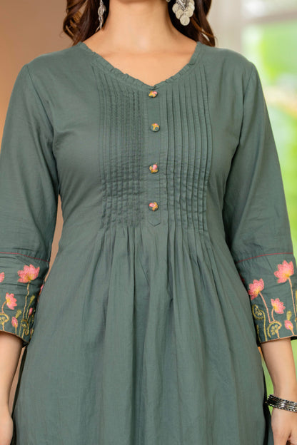 Green Embroidered Cotton Kurta and Pant Set