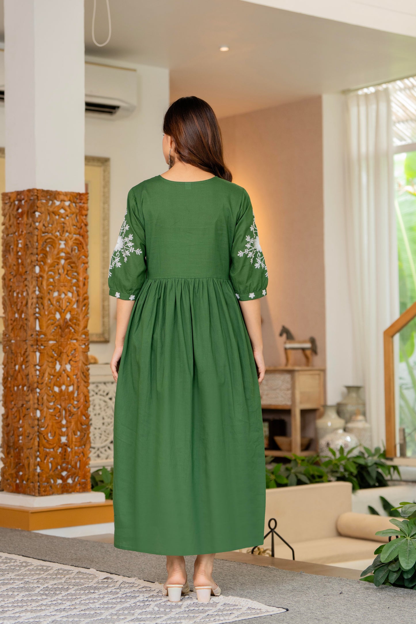 Green Hand Embroidered Cotton Anarkali Gown