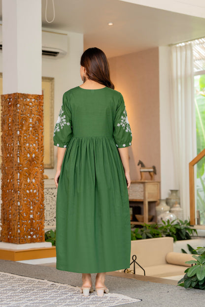 Green Hand Embroidered Cotton Anarkali Gown