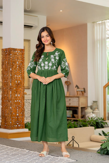 Green Hand Embroidered Cotton Anarkali Gown