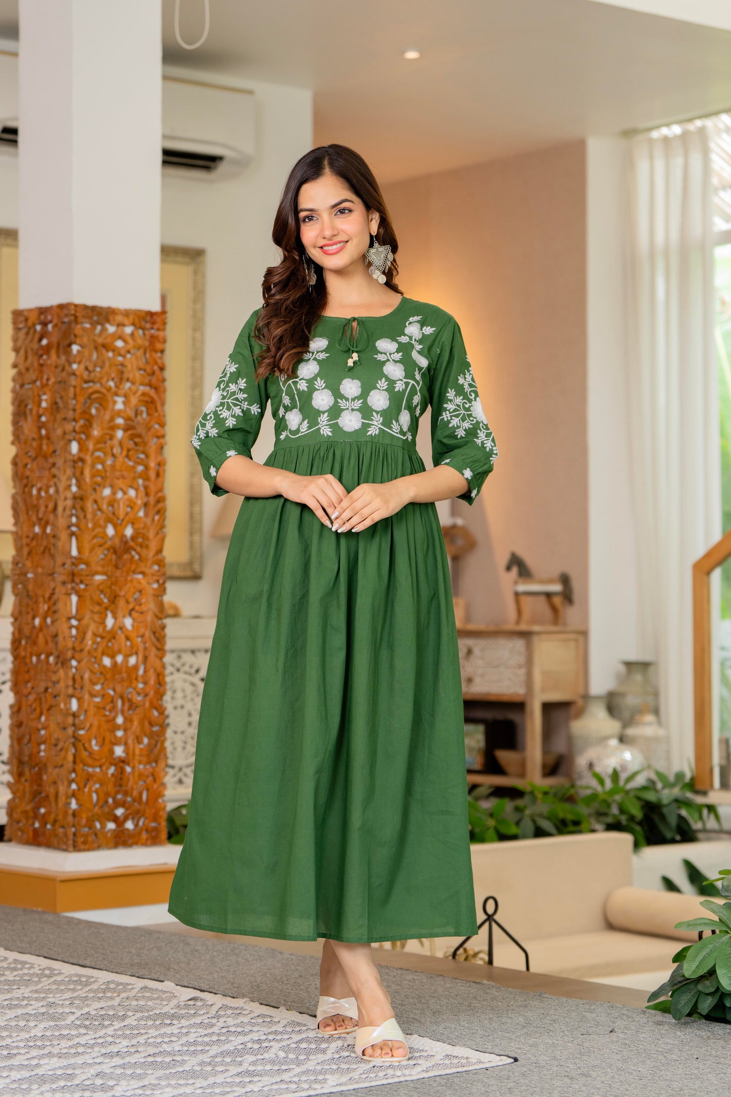 Green Hand Embroidered Cotton Anarkali Gown