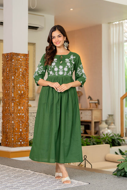 Green Hand Embroidered Cotton Anarkali Gown