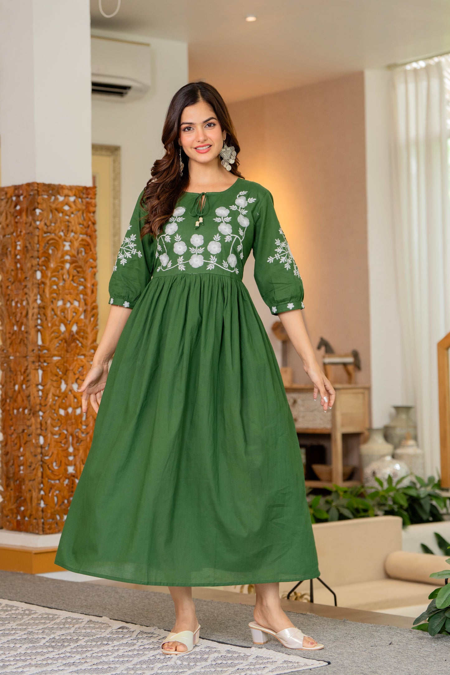Green Hand Embroidered Cotton Anarkali Gown