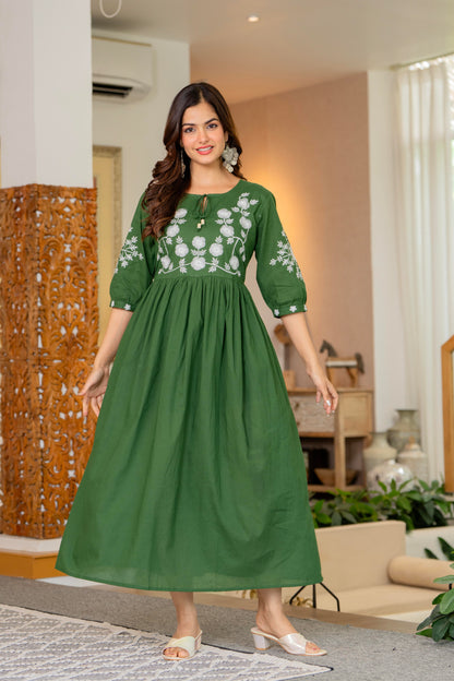 Green Hand Embroidered Cotton Anarkali Gown
