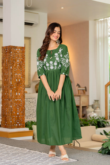 Green Hand Embroidered Cotton Anarkali Gown