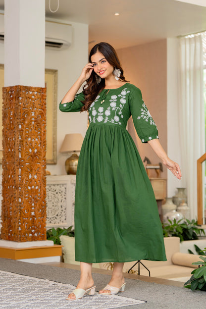 Green Hand Embroidered Cotton Anarkali Gown