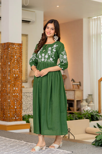 Green Hand Embroidered Cotton Anarkali Gown