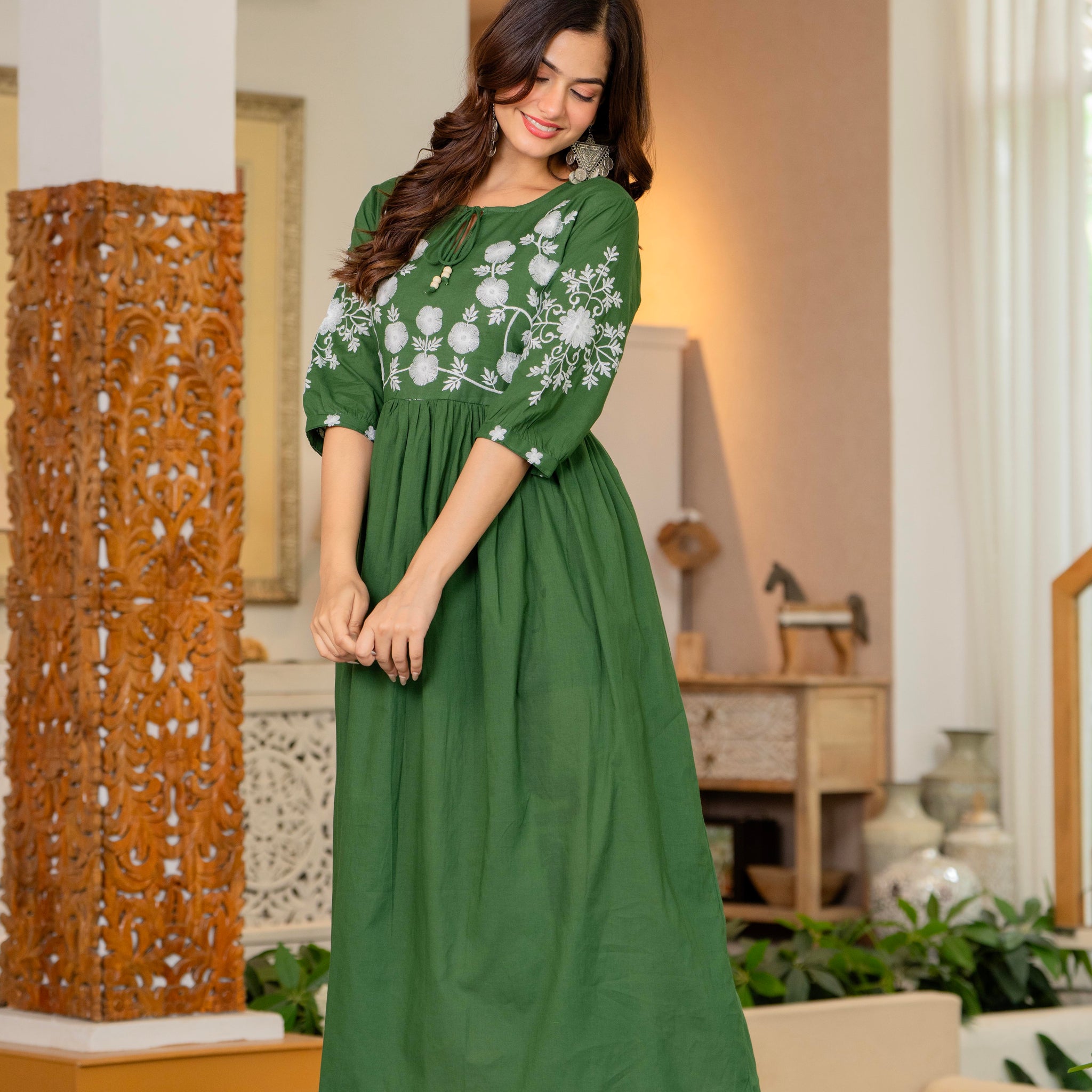 Green Hand Embroidered Cotton Anarkali Gown