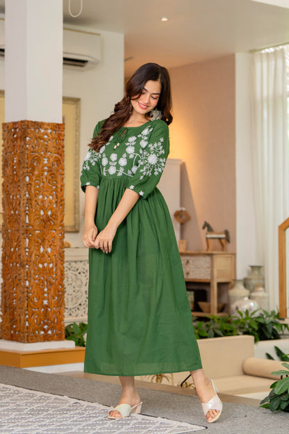Green Hand Embroidered Cotton Anarkali Gown