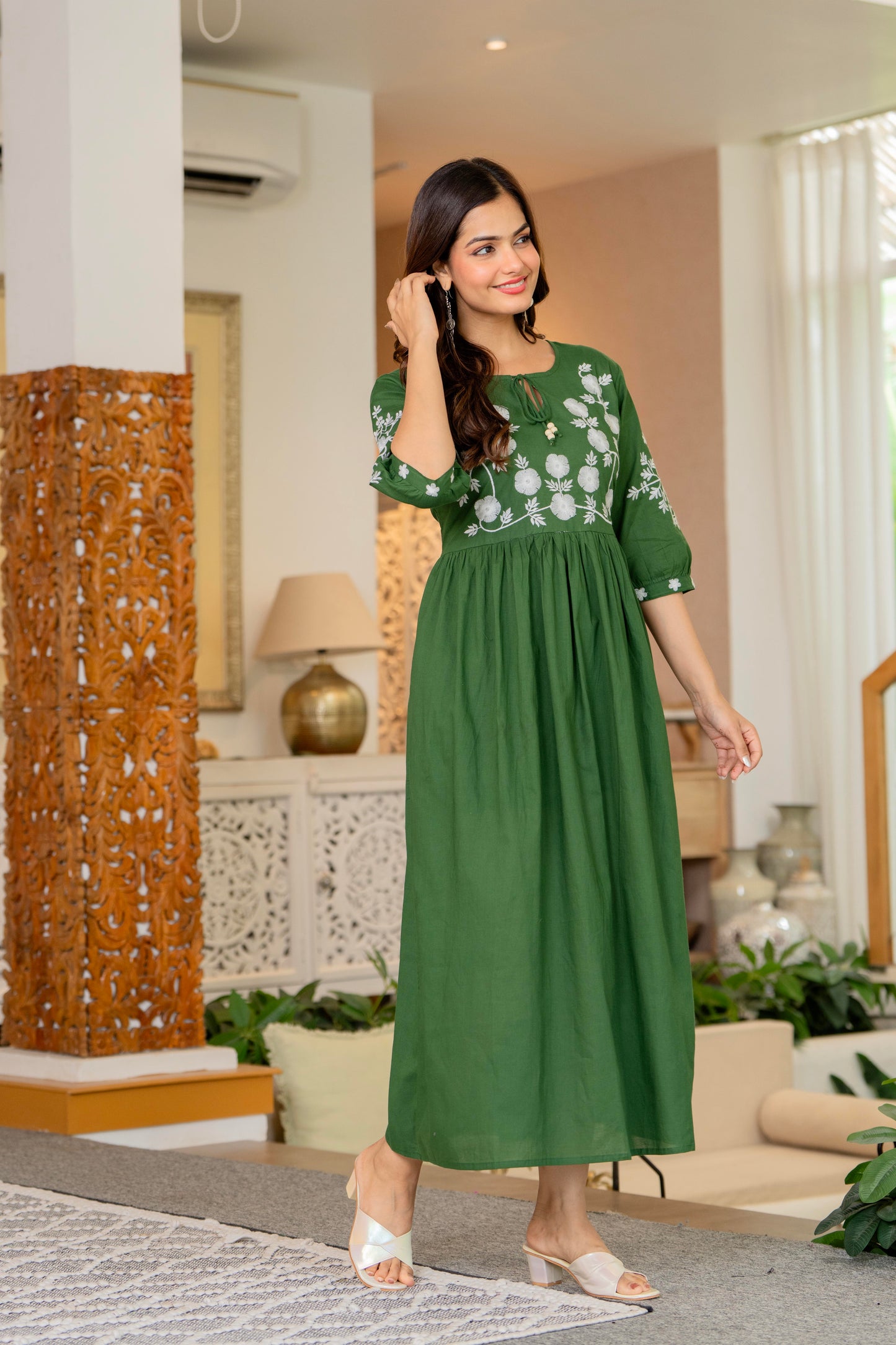 Green Hand Embroidered Cotton Anarkali Gown