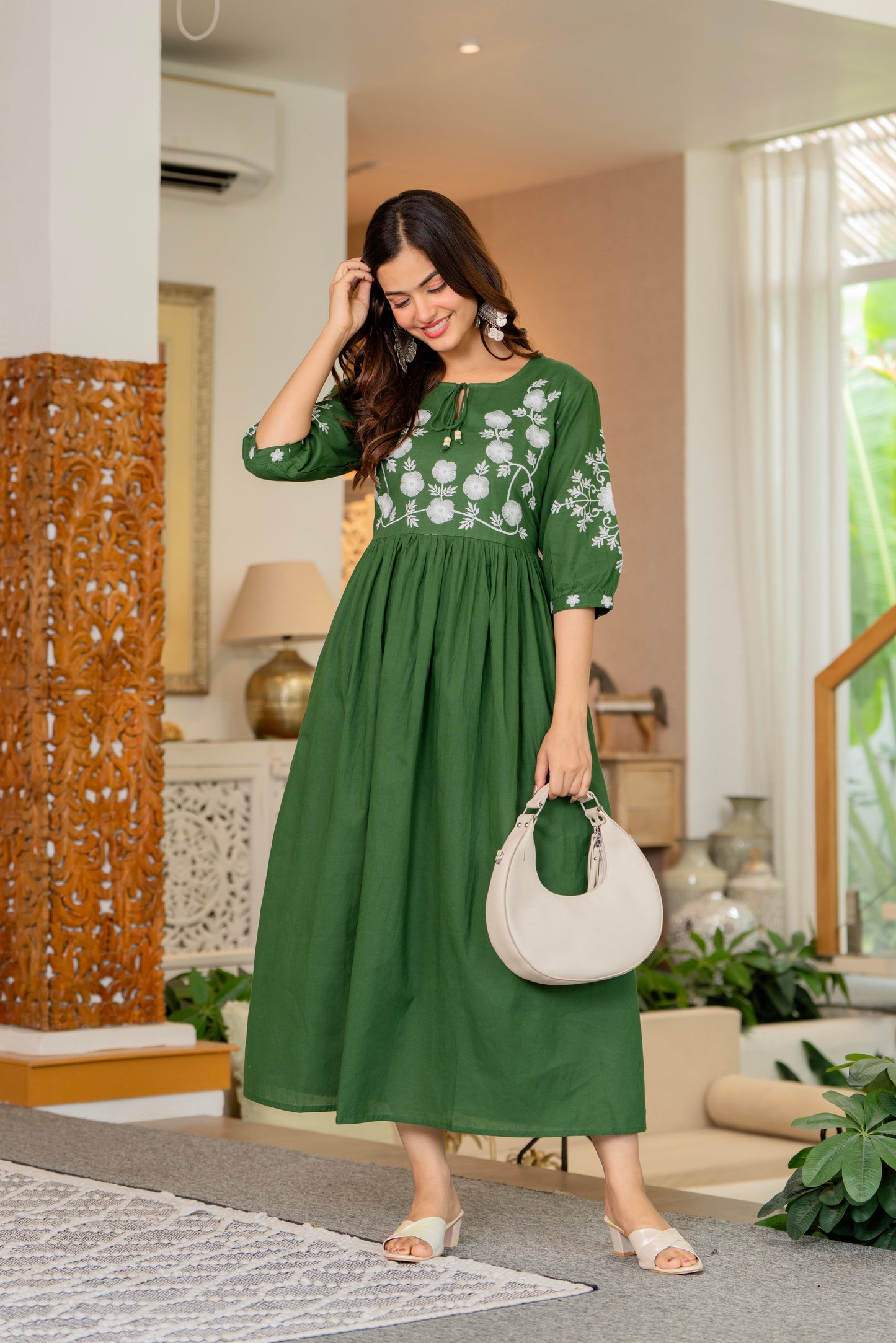 Green Hand Embroidered Cotton Anarkali Gown
