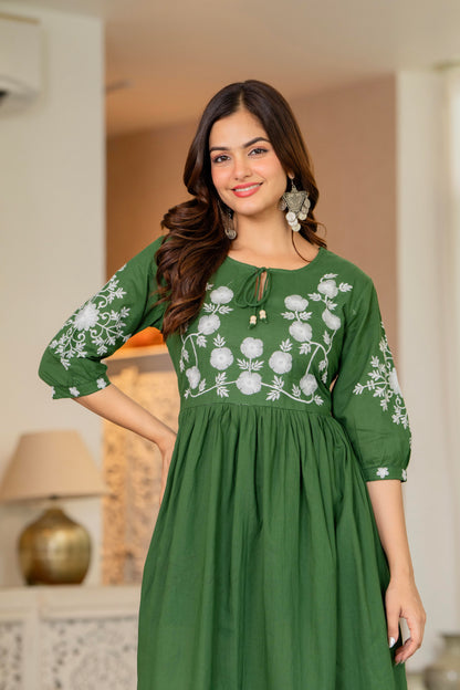 Green Hand Embroidered Cotton Anarkali Gown