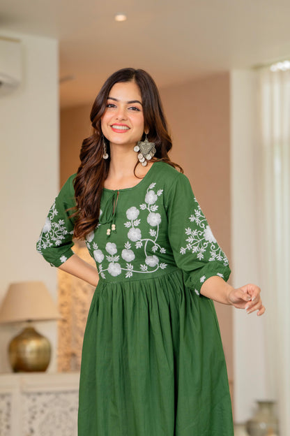 Green Hand Embroidered Cotton Anarkali Gown