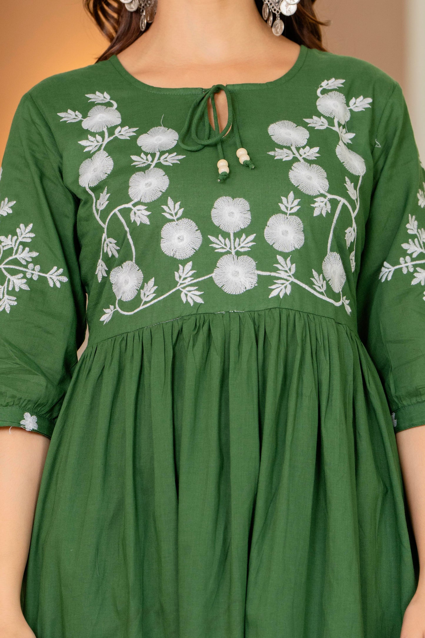 Green Hand Embroidered Cotton Anarkali Gown