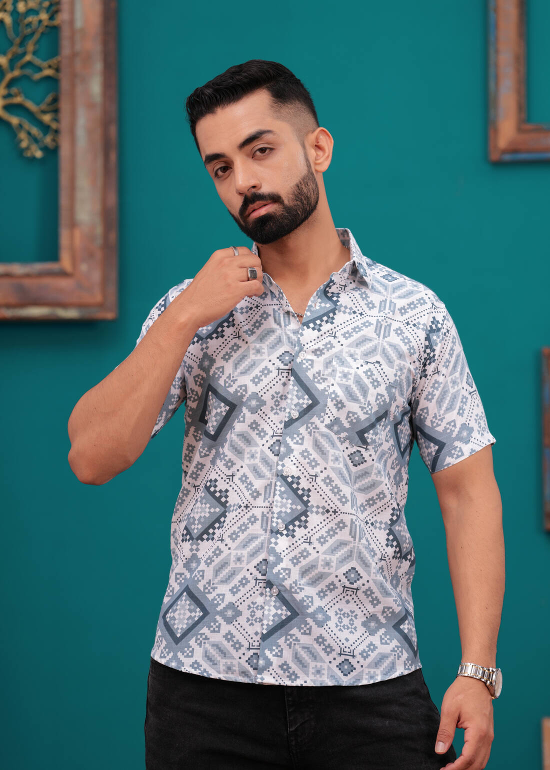 REGENT GREY BLOCK PRINTED SHIRT