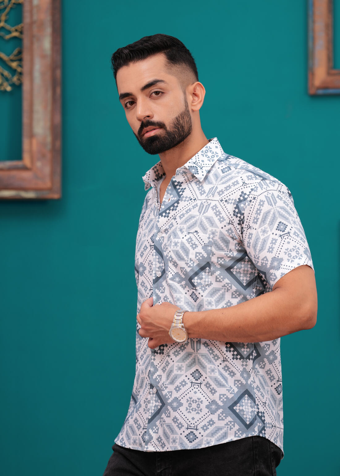 REGENT GREY BLOCK PRINTED SHIRT