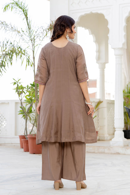 Pastel Brown Handwork Mal Chanderi Suit Set with Dupatta
