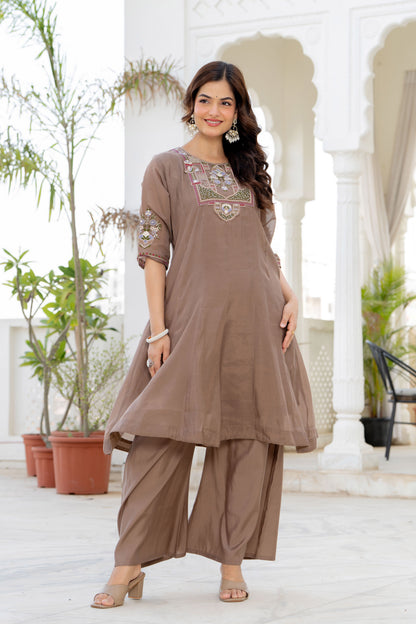 Pastel Brown Handwork Mal Chanderi Suit Set with Dupatta