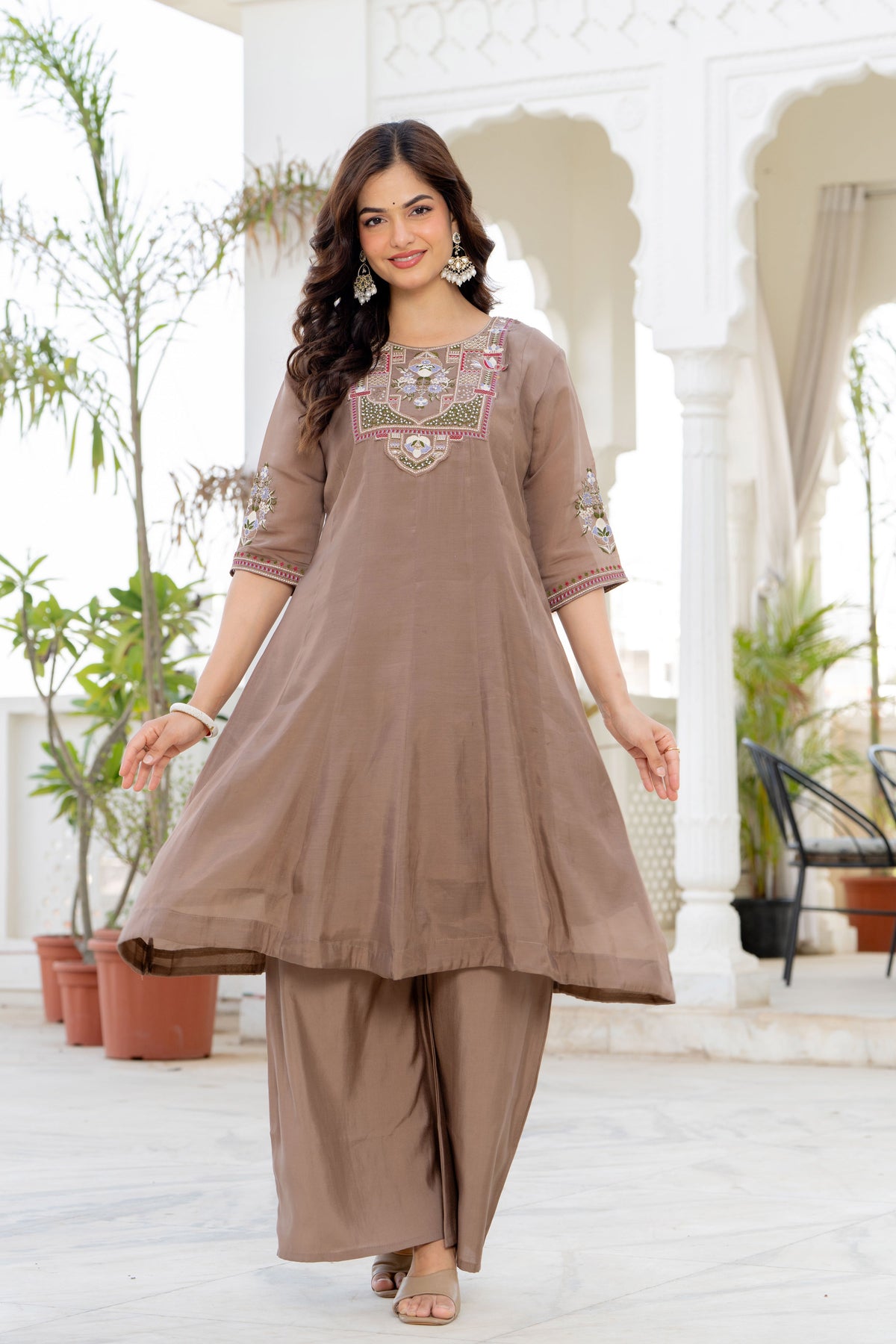 Pastel Brown Handwork Mal Chanderi Suit Set with Dupatta