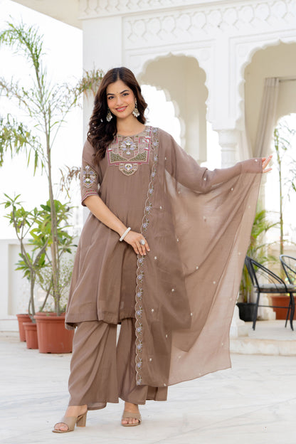 Pastel Brown Handwork Mal Chanderi Suit Set with Dupatta