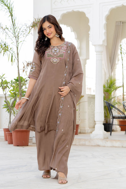 Pastel Brown Handwork Mal Chanderi Suit Set with Dupatta