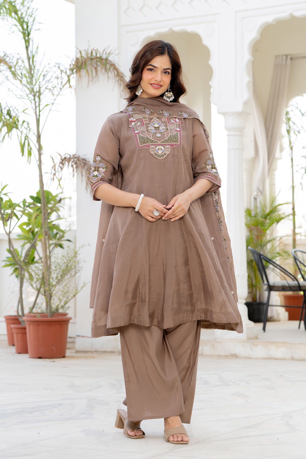 Pastel Brown Handwork Mal Chanderi Suit Set with Dupatta