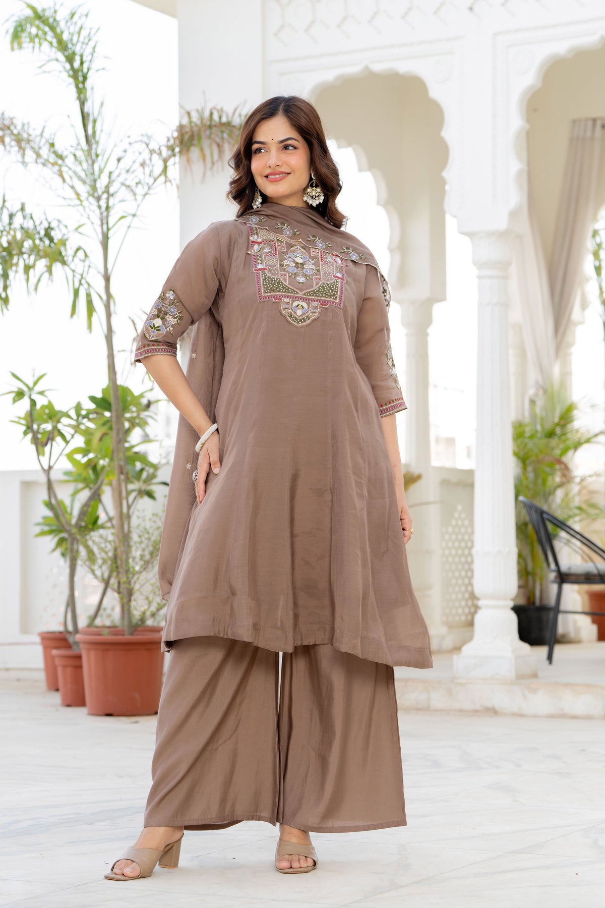 Pastel Brown Handwork Mal Chanderi Suit Set with Dupatta