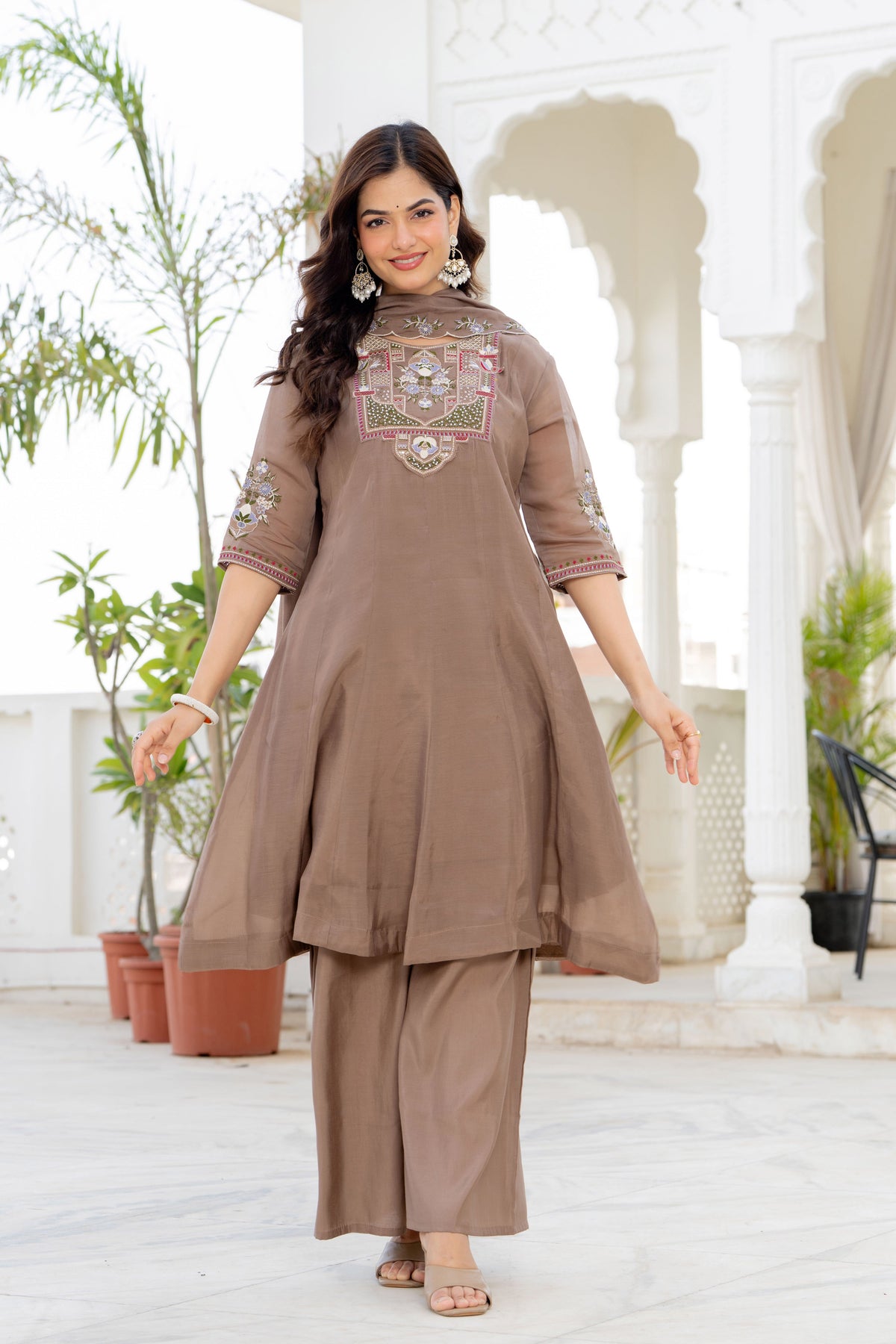 Pastel Brown Handwork Mal Chanderi Suit Set with Dupatta