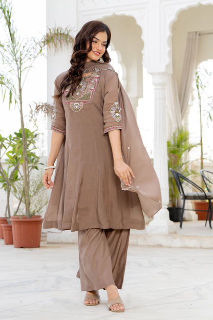 Pastel Brown Handwork Mal Chanderi Suit Set with Dupatta