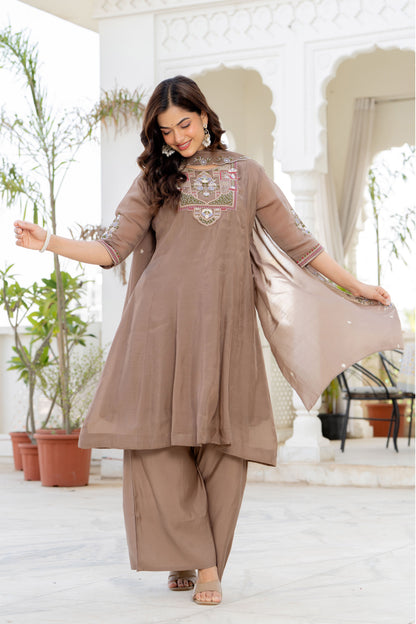 Pastel Brown Handwork Mal Chanderi Suit Set with Dupatta