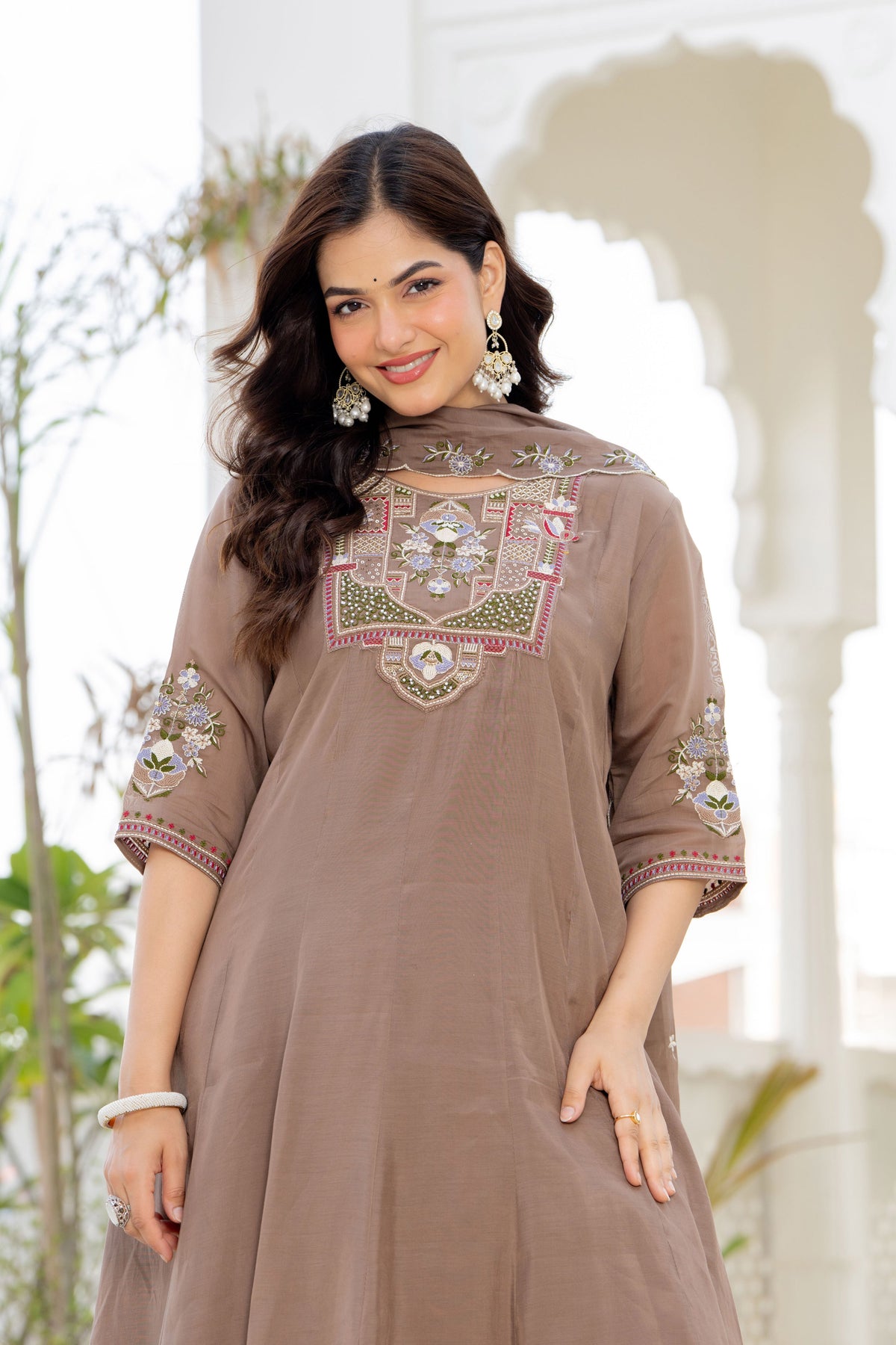 Pastel Brown Handwork Mal Chanderi Suit Set with Dupatta