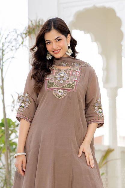 Pastel Brown Handwork Mal Chanderi Suit Set with Dupatta