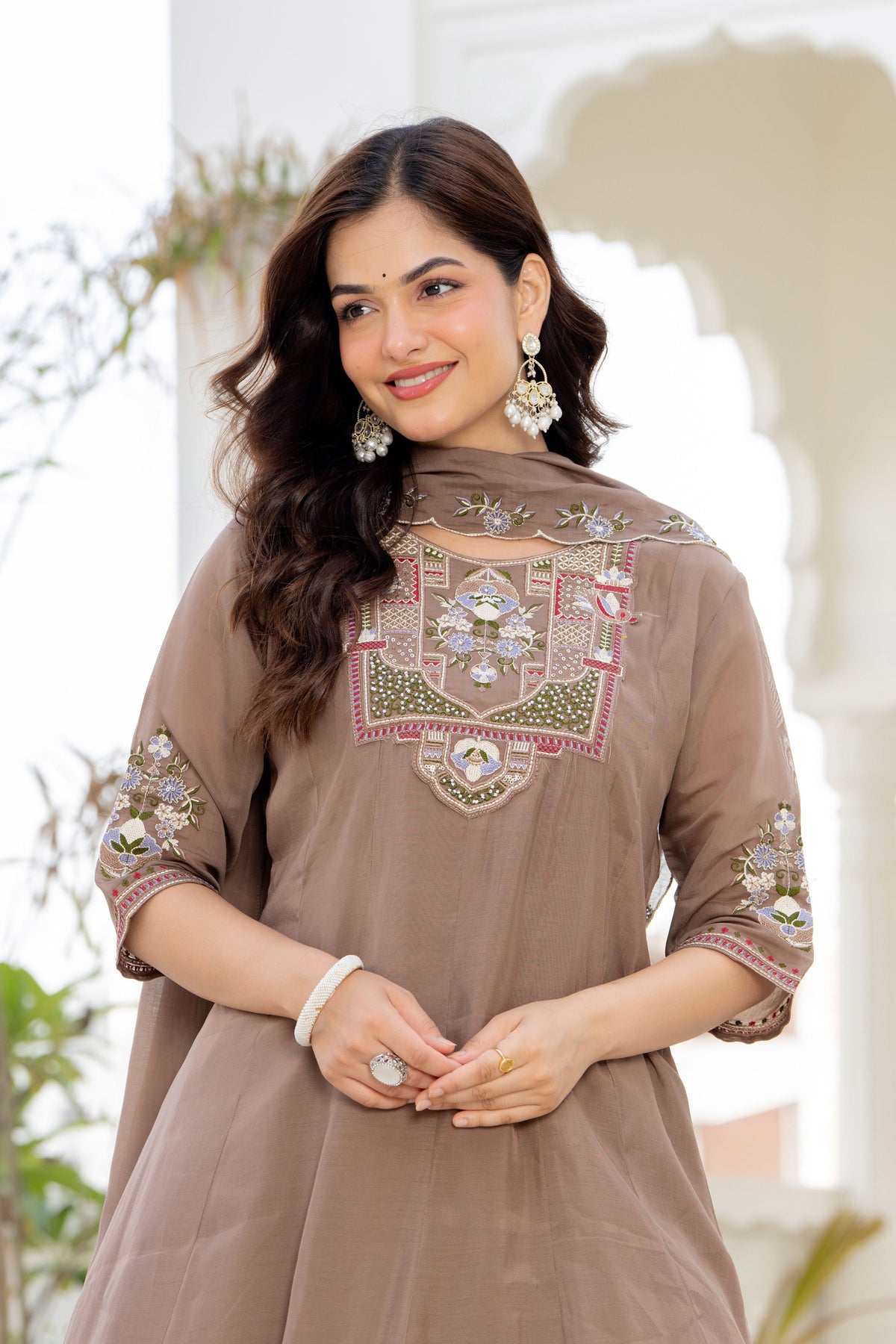 Pastel Brown Handwork Mal Chanderi Suit Set with Dupatta
