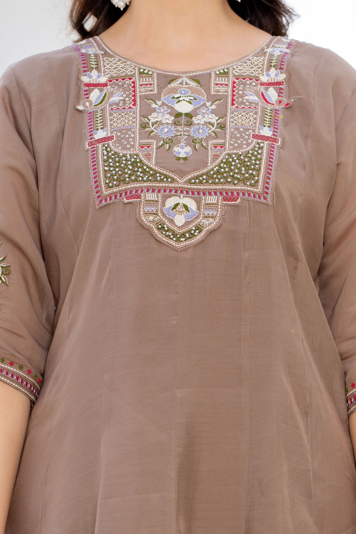 Pastel Brown Handwork Mal Chanderi Suit Set with Dupatta