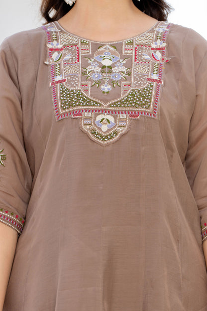 Pastel Brown Handwork Mal Chanderi Suit Set with Dupatta