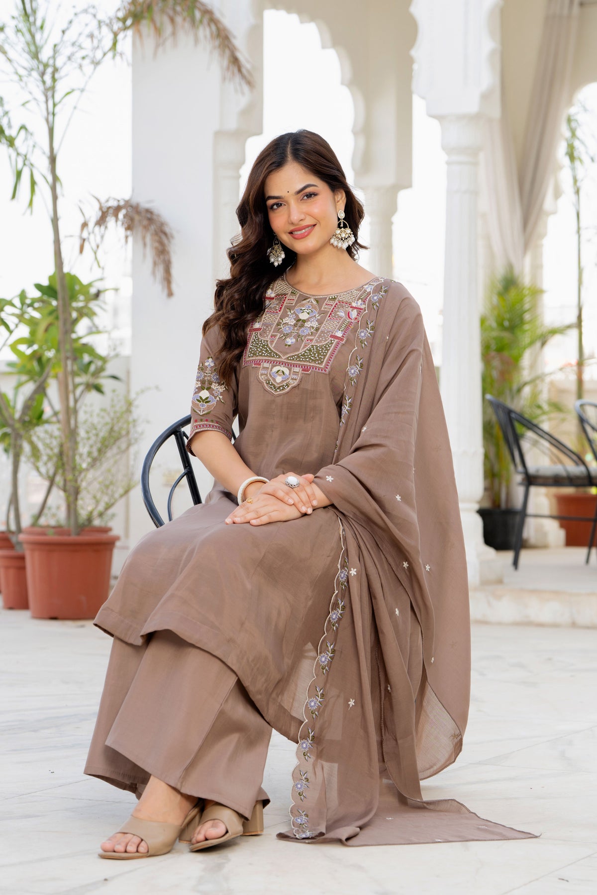 Pastel Brown Handwork Mal Chanderi Suit Set with Dupatta