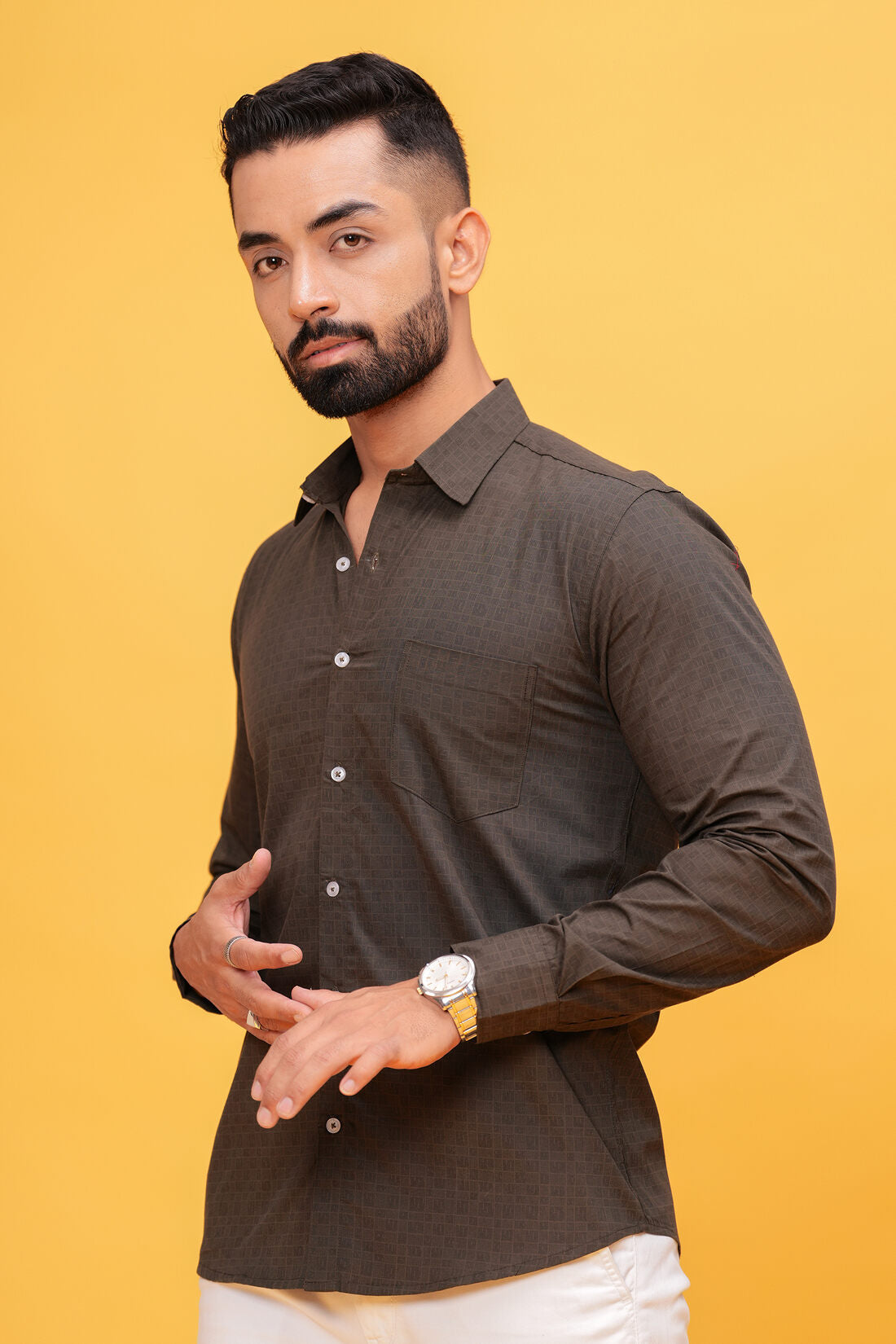WOODY BROWN TEXTURED CASUAL SHIRT