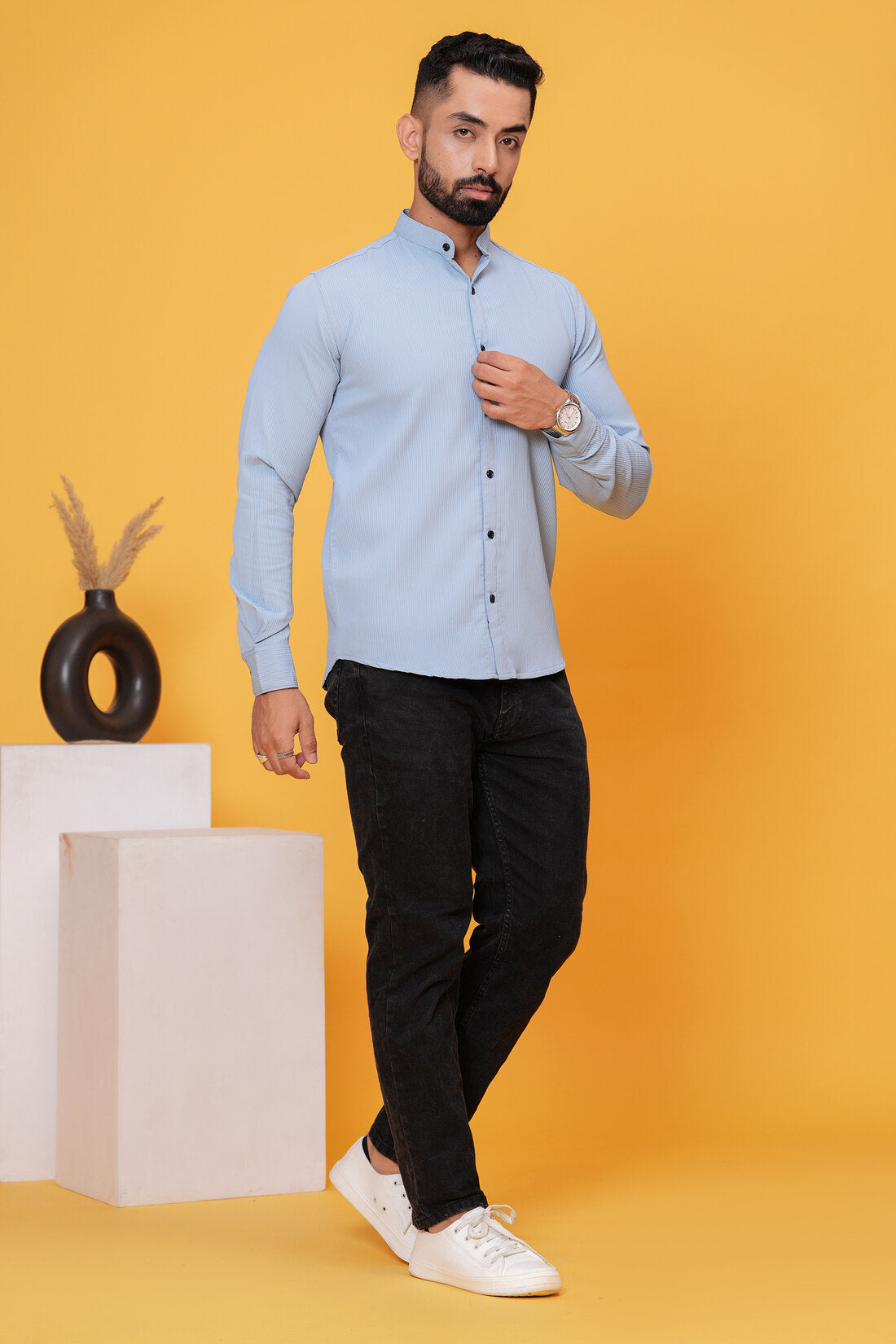 SOLID TEXTURED TEALISH BLUE SHIRT
