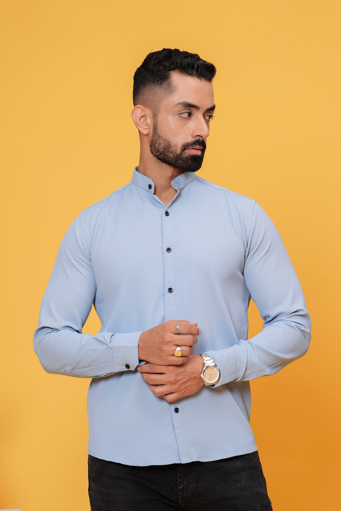 SOLID TEXTURED TEALISH BLUE SHIRT