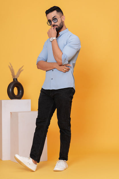 SOLID TEXTURED TEALISH BLUE SHIRT