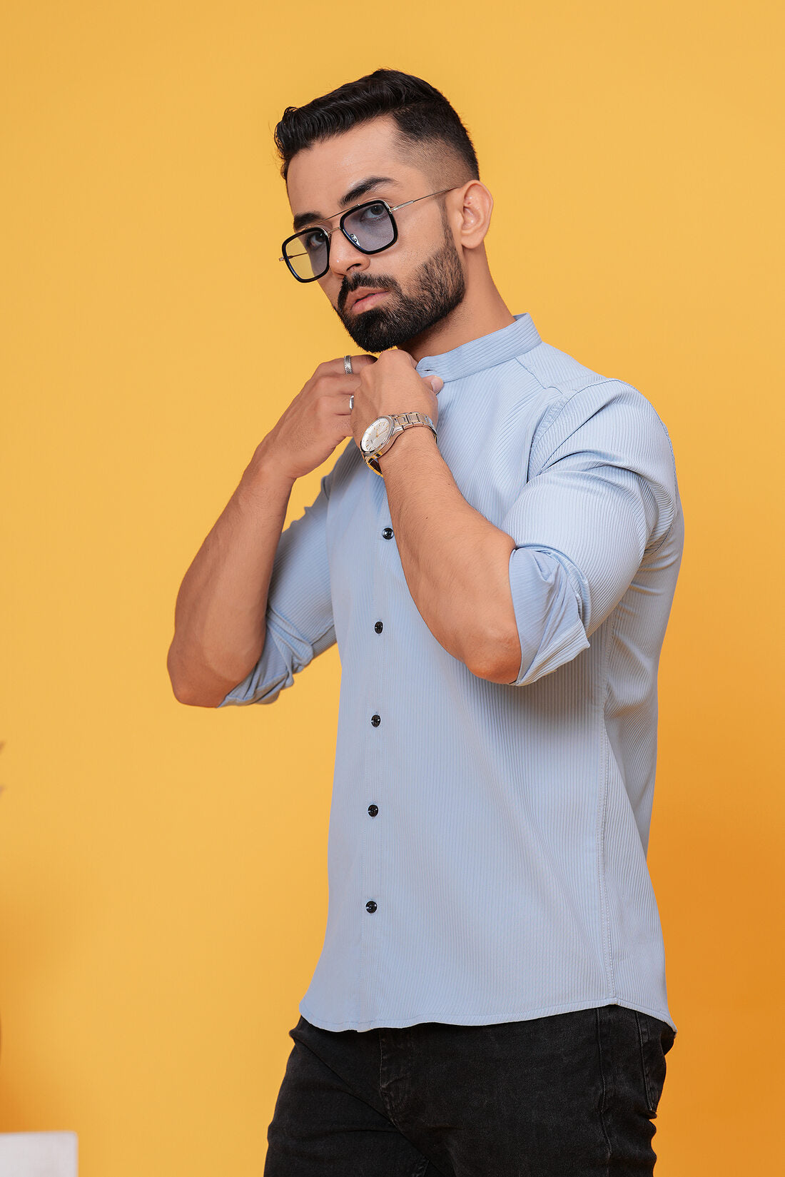 SOLID TEXTURED TEALISH BLUE SHIRT