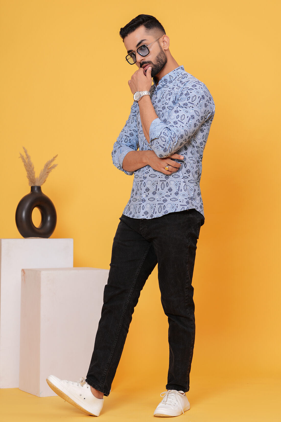 CADET BLUE PRINTED MENS SHIRT
