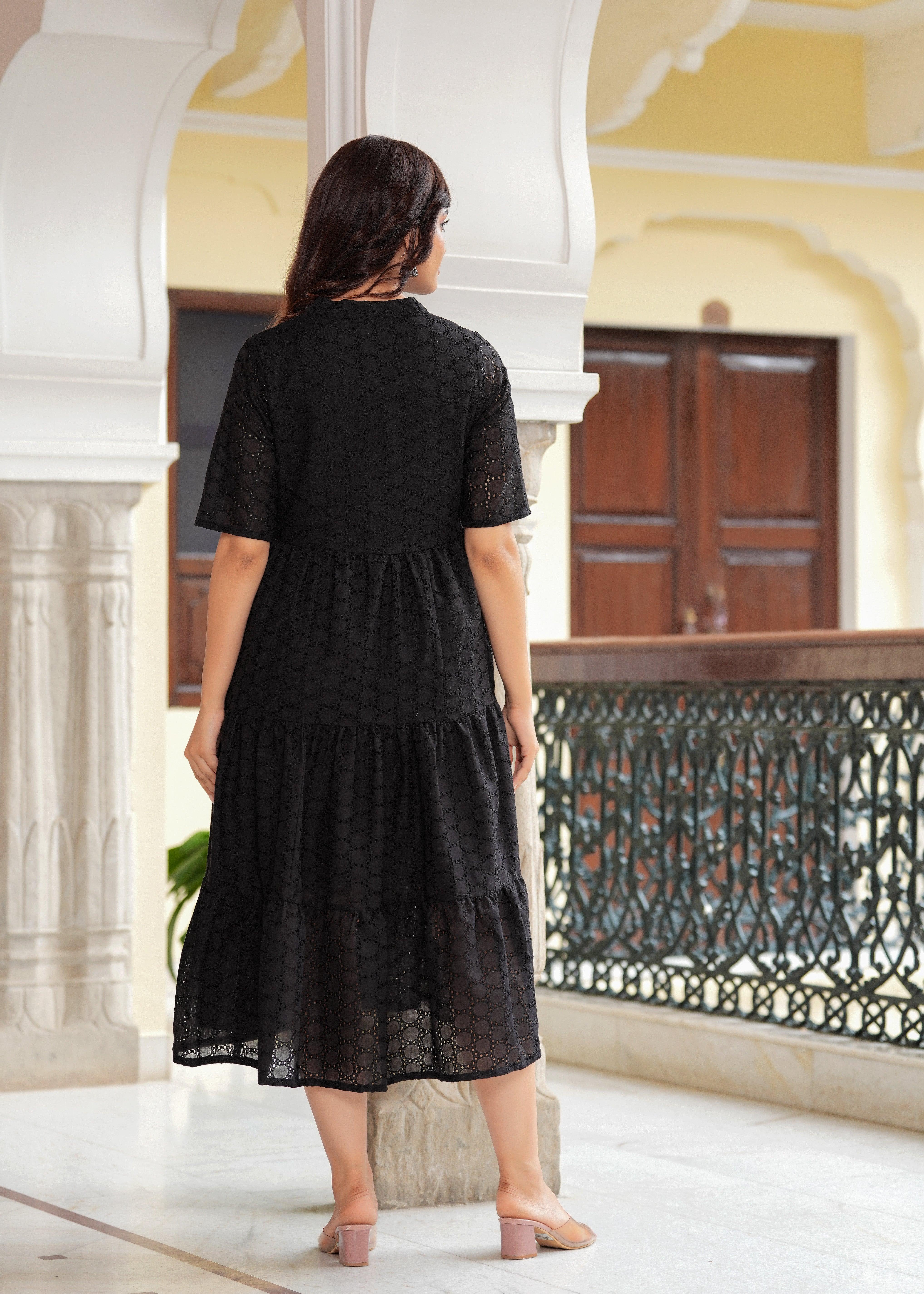 Black Cotton Schiffli Flared Dress