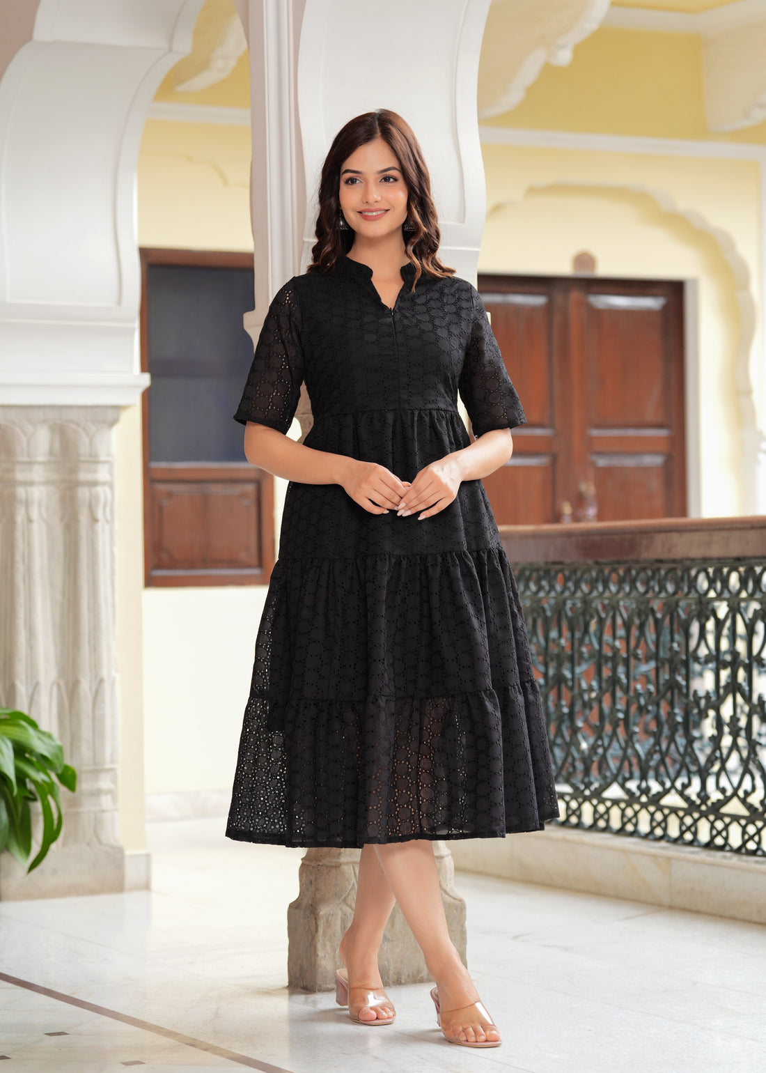 Black Cotton Schiffli Flared Dress