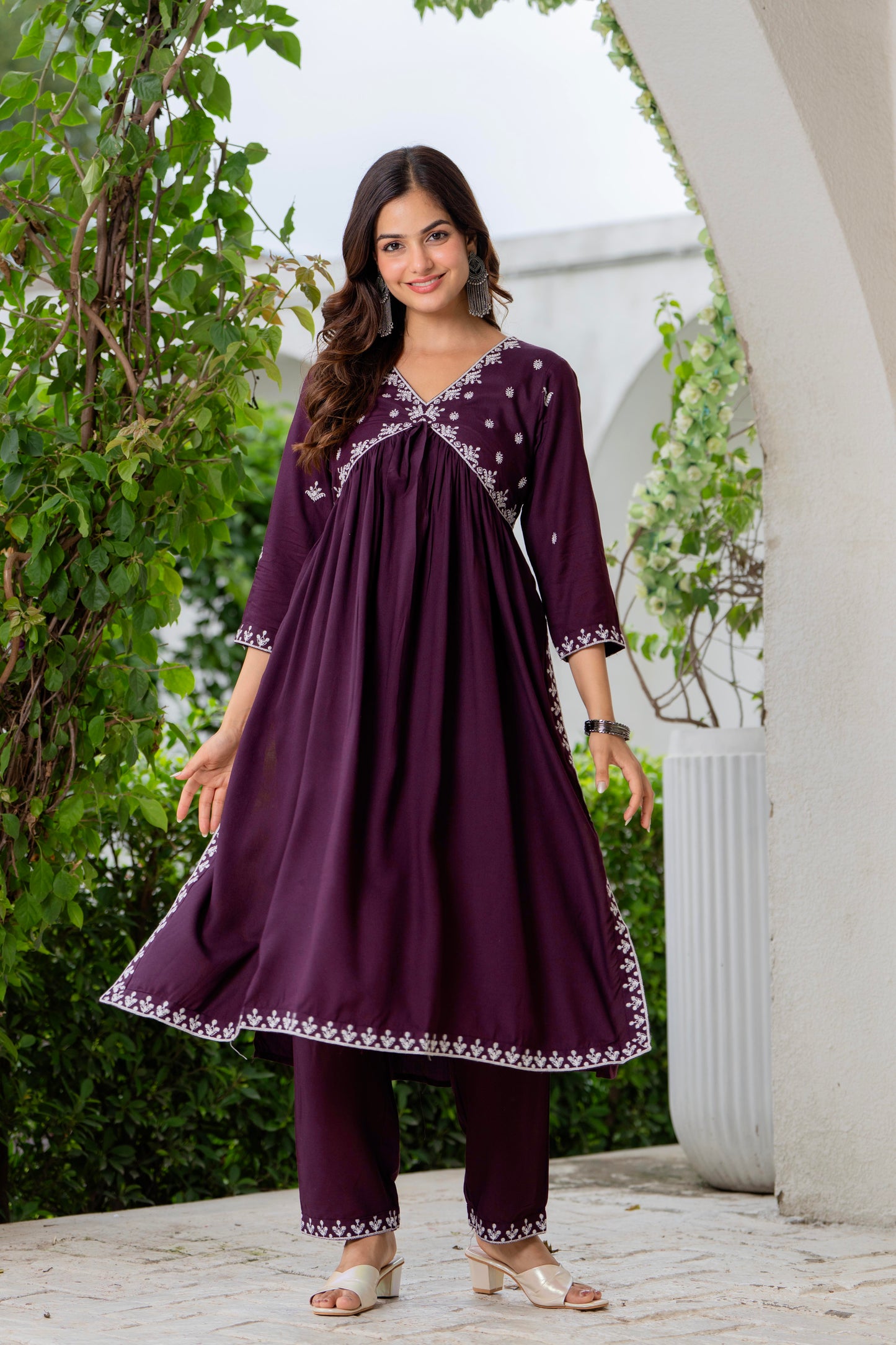 Purple Nyra Cut Embroidered Rayon Kurta and Pant Set with Dupatta