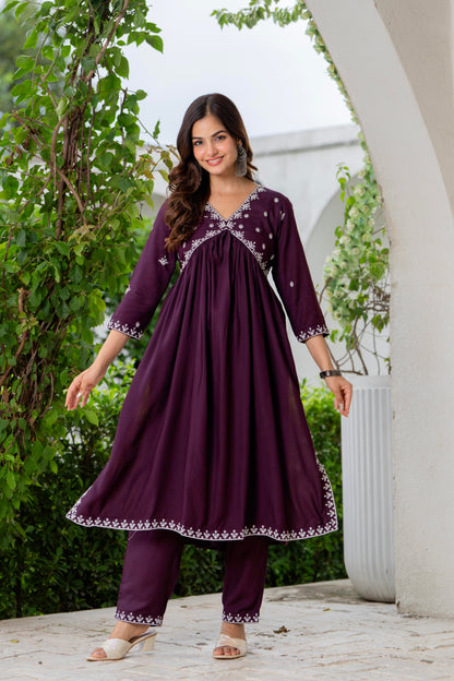 Purple Nyra Cut Embroidered Rayon Kurta and Pant Set with Dupatta