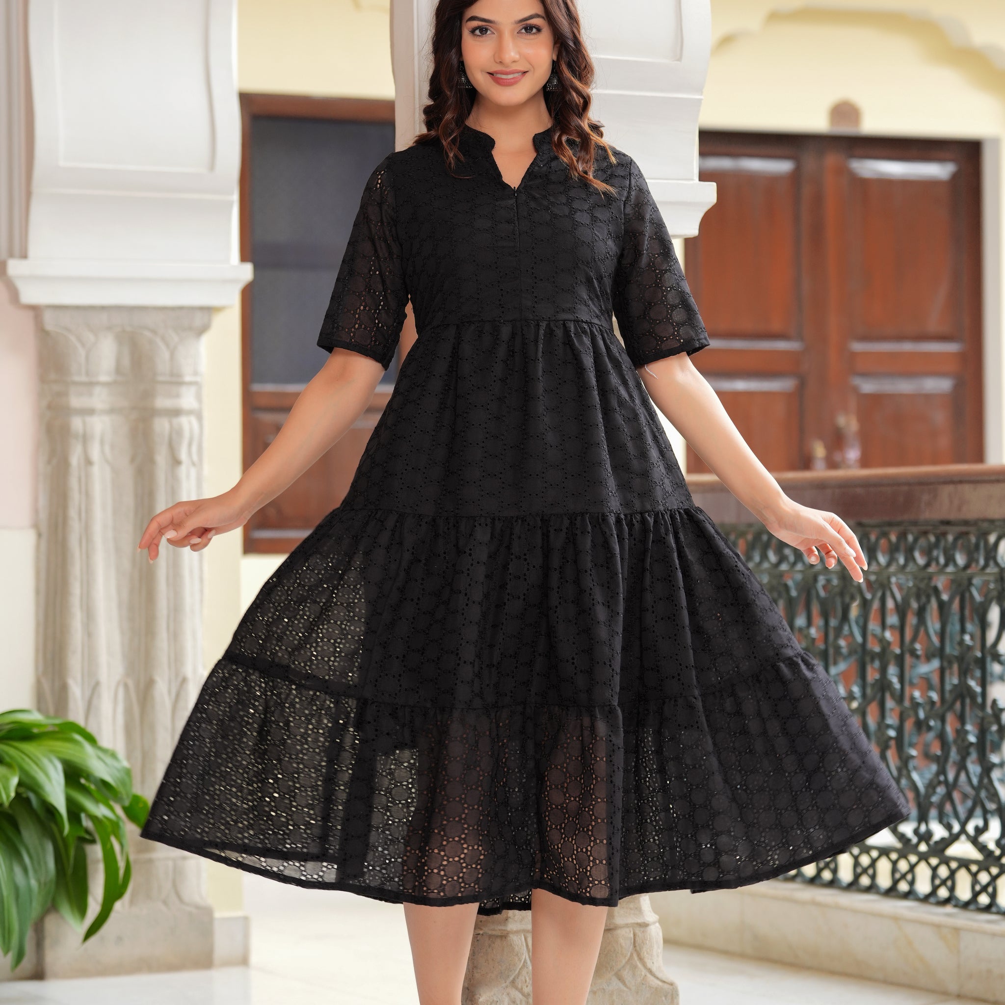 Black Cotton Schiffli Flared Dress