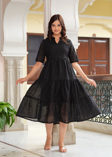 Black Cotton Schiffli Flared Dress